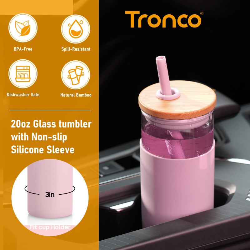 Tronco 20 oz Glass Tumbler with Lid and Straw, Iced Coffee Cup and Smoothie Cup with Bamboo Lids & Protective Silicone Sleeve, Dishwasher Safe, BPA-Free, Glass Cup 2 Pack - Image 2